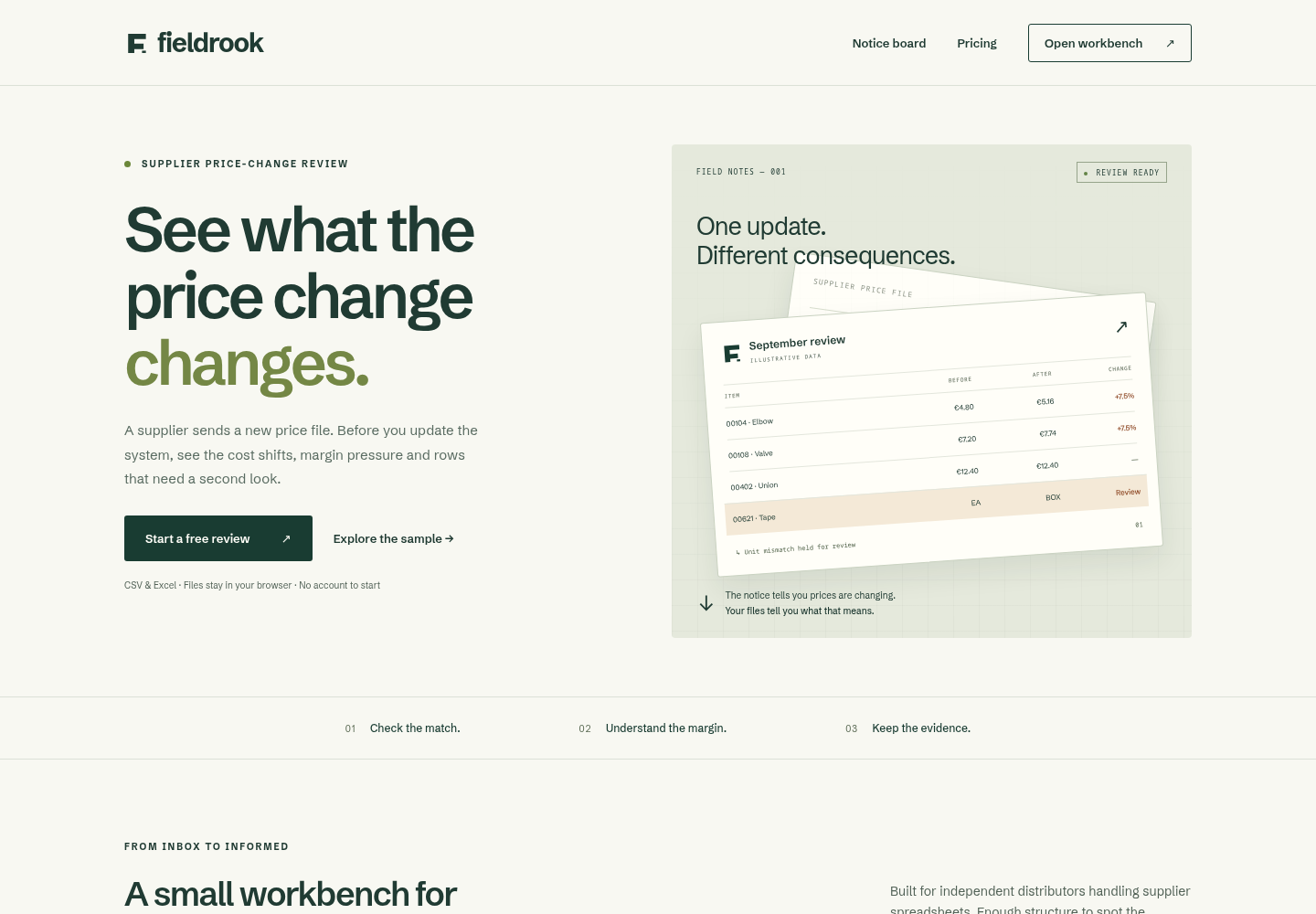Fieldrook supplier price-change review, showing the free review entry point and an illustrative comparison