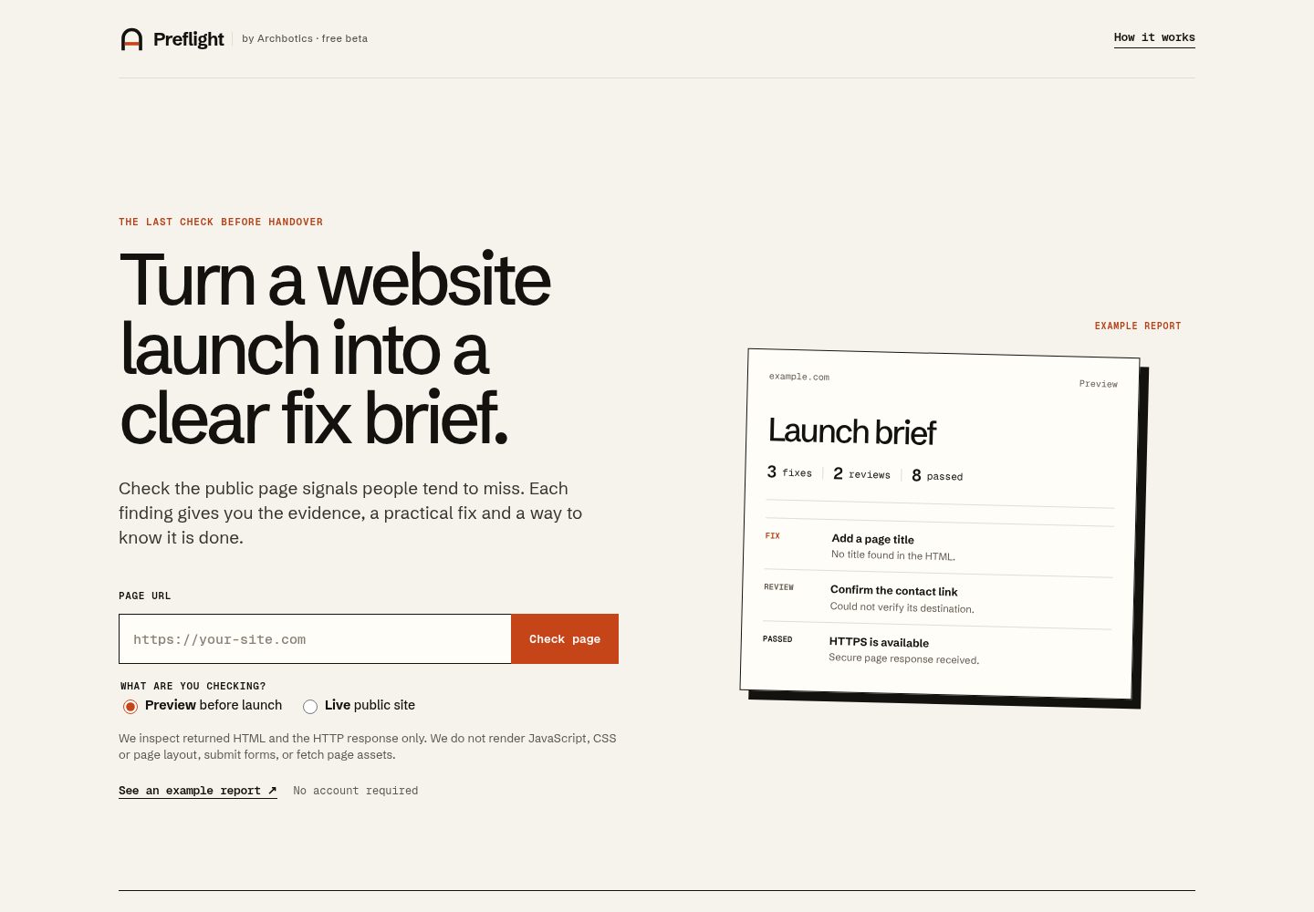 Preflight webpage checker with Preview and Live modes