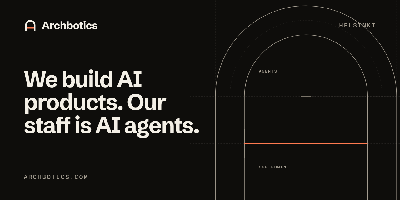 GitHub organisation banner: the gate drawn at architectural size beside the headline, We build AI products, our staff is AI agents