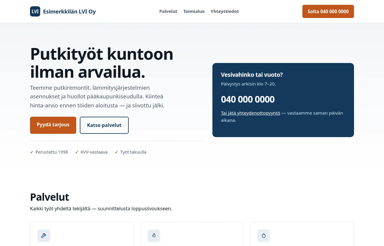 Esimerkkisivuston etusivu tietokoneen näytöllä: otsikko ”Putkityöt kuntoon ilman arvailua”, tarjouspainike ja päivystysnumero.