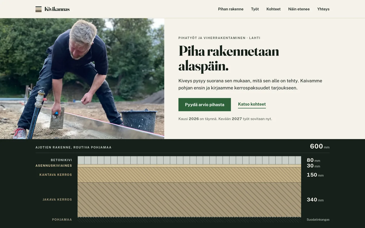 Kivikannas Oy:n esimerkkisivusto tietokoneella: otsikko Piha rakennetaan alaspäin, kuva tekijästä työmaalla ja ajotien kerrosrakenne millimetreinä.