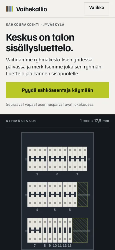 Sama esimerkkisivusto puhelimella: sama otsikko ja sama piirretty keskus allekkain.