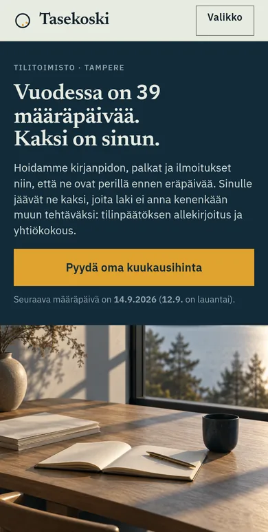 Sama esimerkkisivusto puhelimella: otsikko ja rauhallinen työpöytäkuva allekkain.